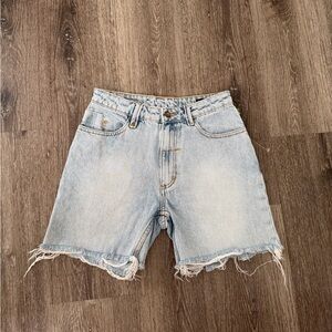 Thrills Light Blue High-Rise Frayed Hem Denim Shorts